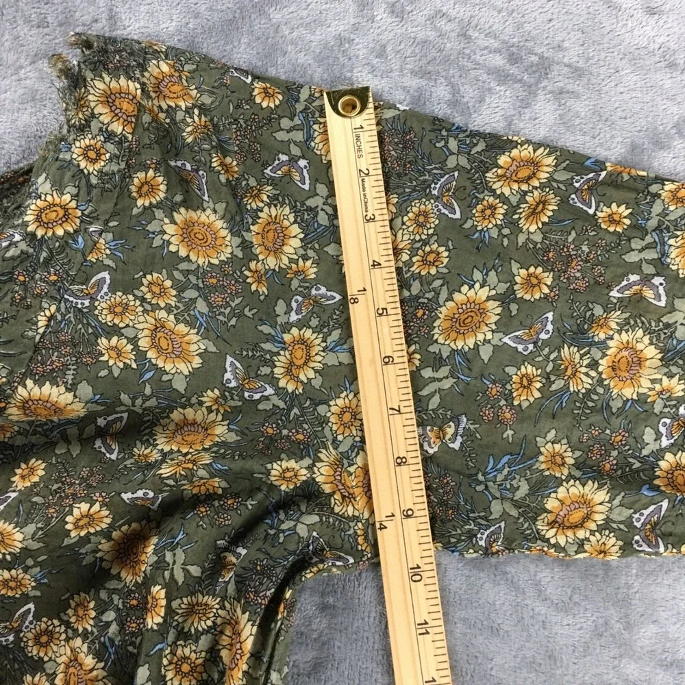 Natural Life Sunflower Butterfly Cotton Tunic Top L/XL Olive Green Boho Frayed